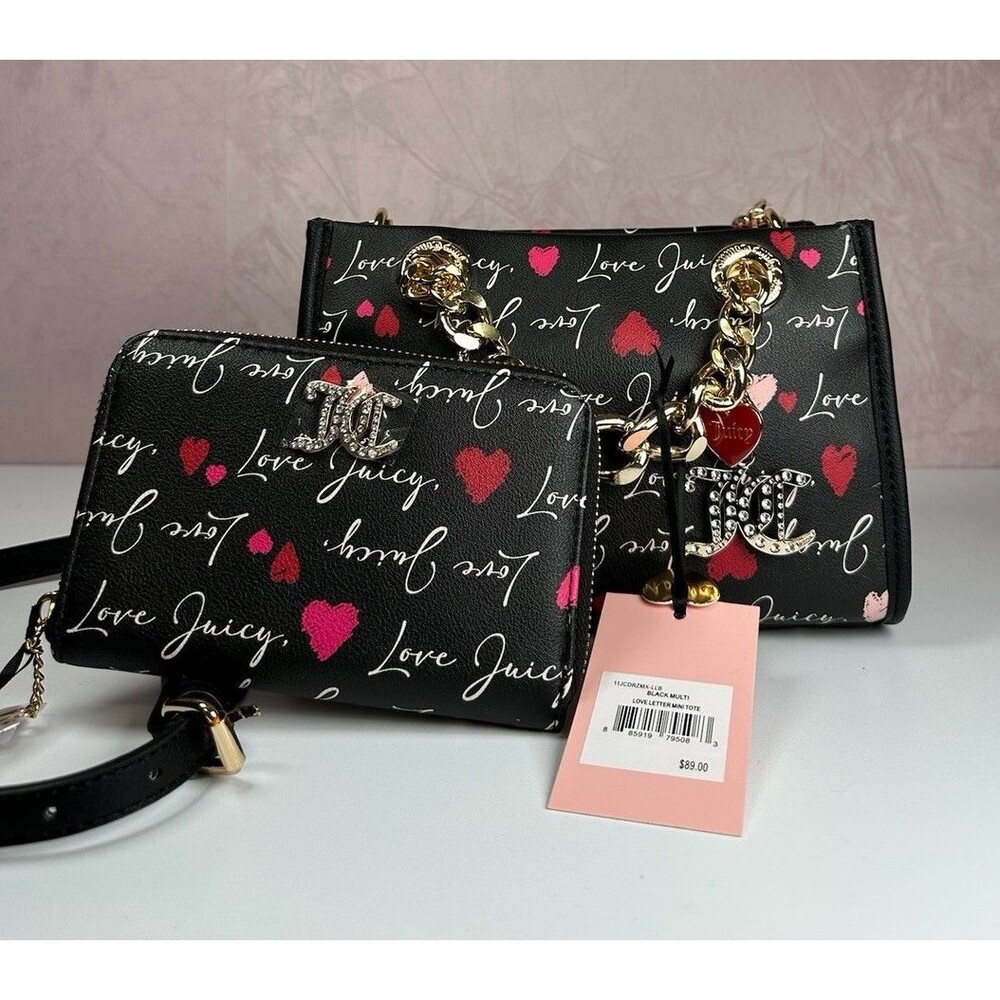 Juicy Couture Love Letter Mini Tote Purse & Wallet Set Black NWT Y2K Style - Picture 2 of 15